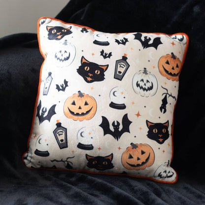 Spooky Cat and Pumpkin Halloween Print Cushion