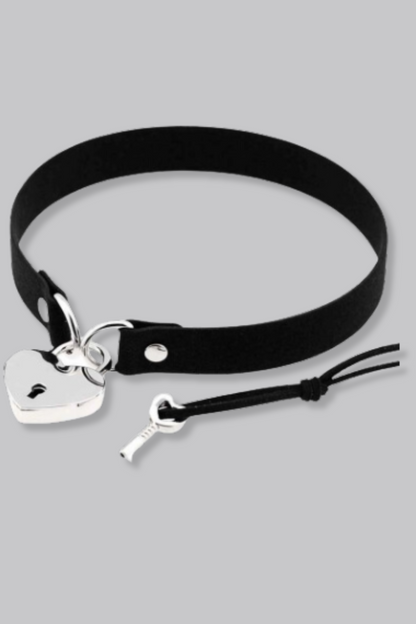 Black leather heart lock choker