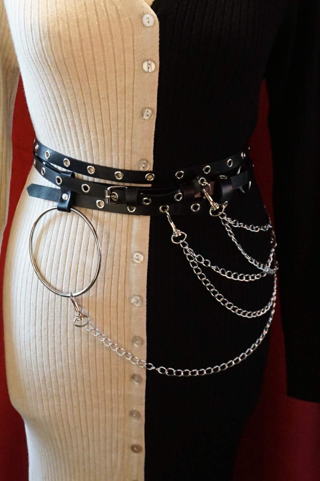 Chain Reaction Belt, black faux leather belt, fits all waist sizes, three separate chains, high-quality materials