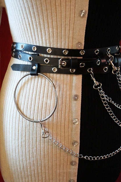 Chain Reaction Belt, black faux leather belt, fits all waist sizes, three separate chains, high-quality materials